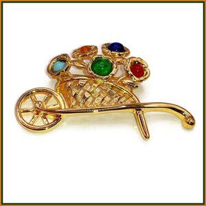 Colorful Flowers Wheelbarrow Brooch, Garden Brooch, Spring Brooch